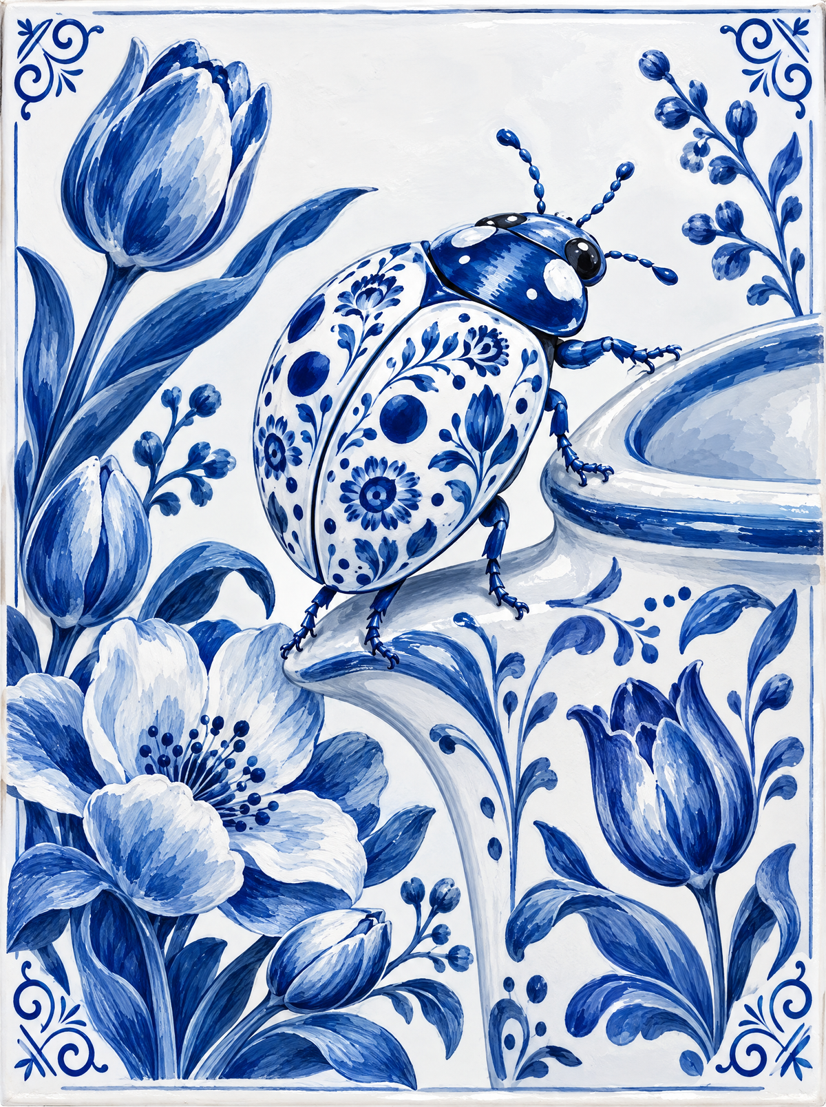 Delft Ladybug And Tulips