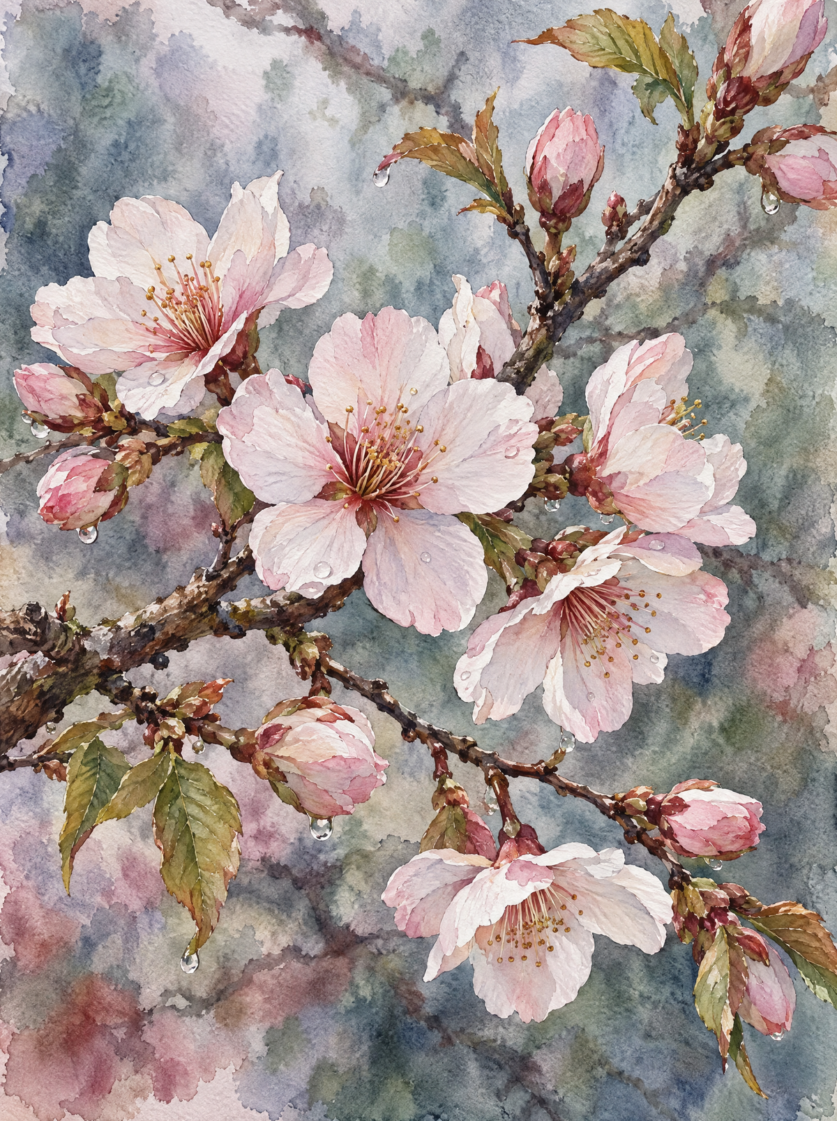 Dewy Cherry Blossom Branch