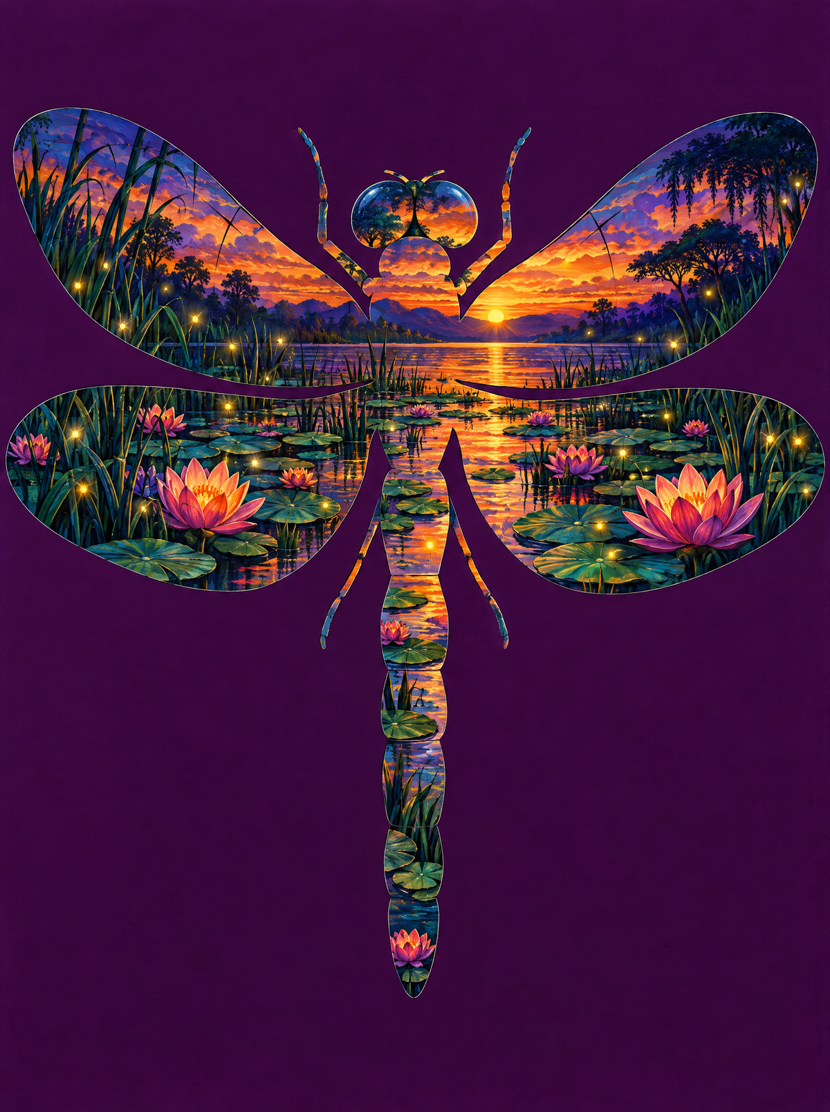 Dragonfly Lily Pond Sunset