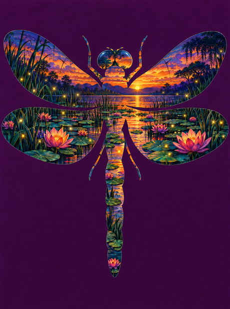 Dragonfly Lily Pond Sunset