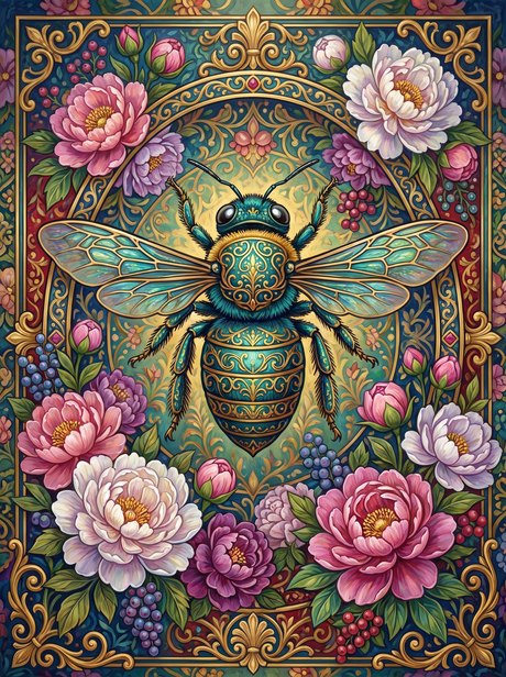 Emerald Bee Among Peonies