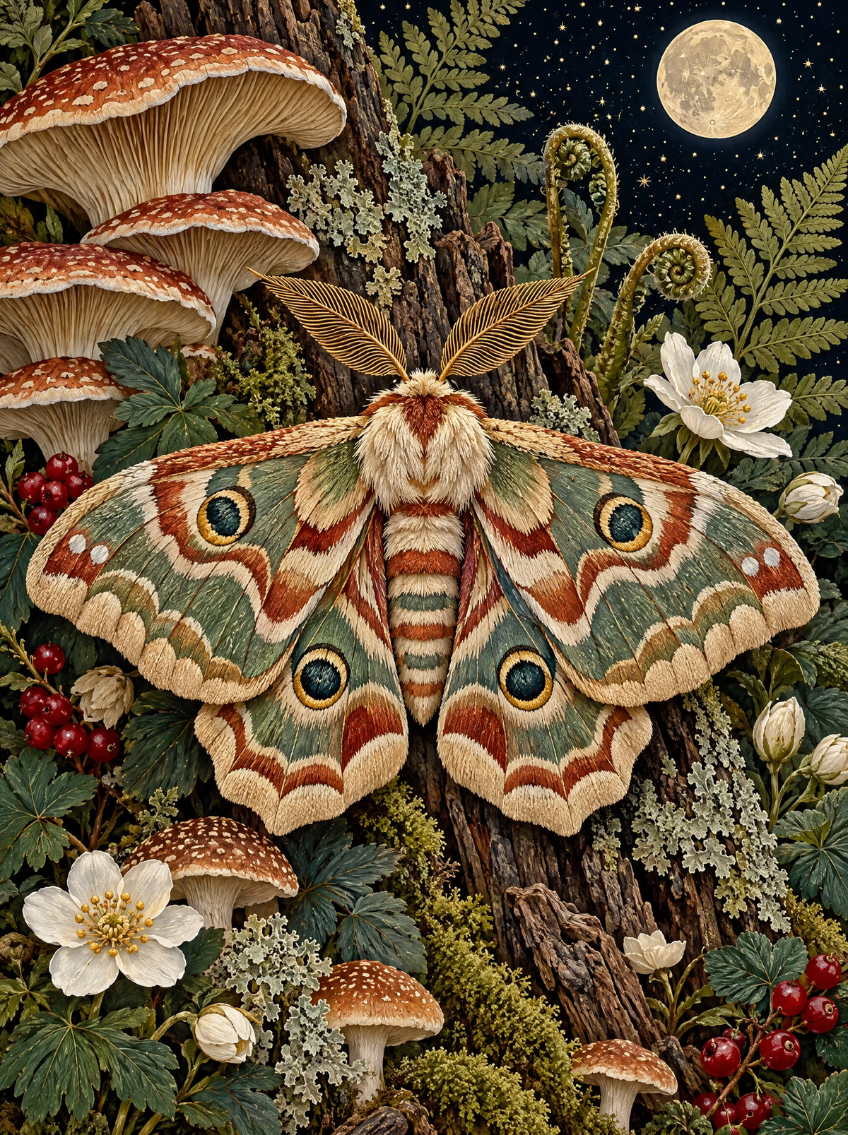 Emperor Moth And Toadstools