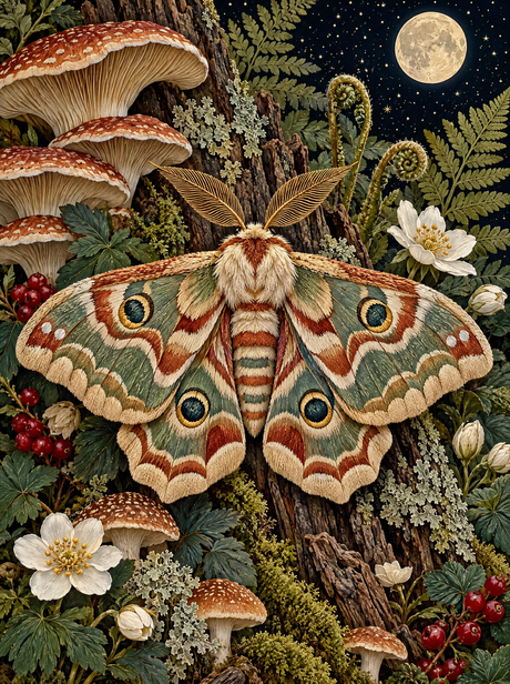 Emperor Moth And Toadstools