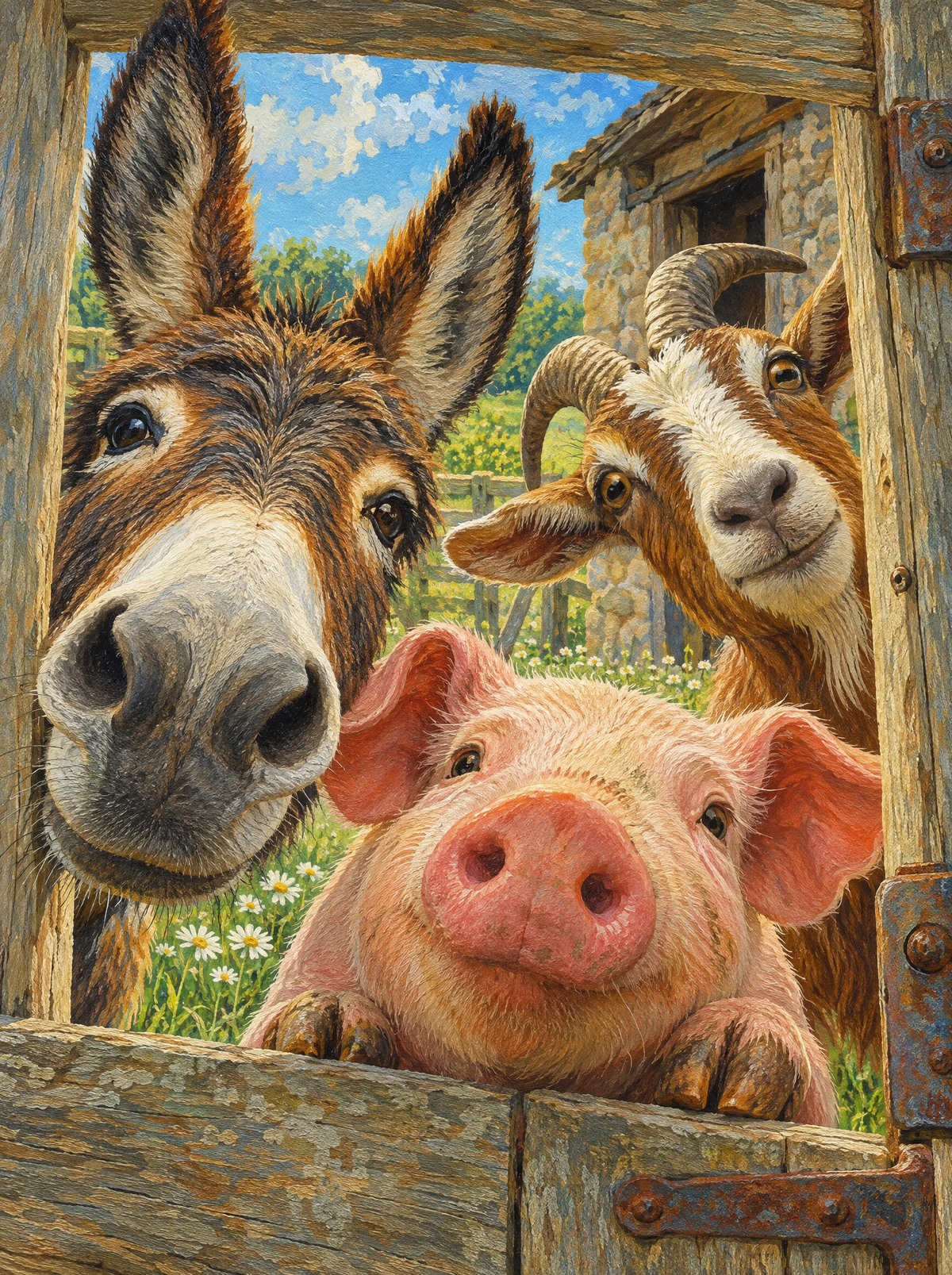 Farmyard Trio At The Gate