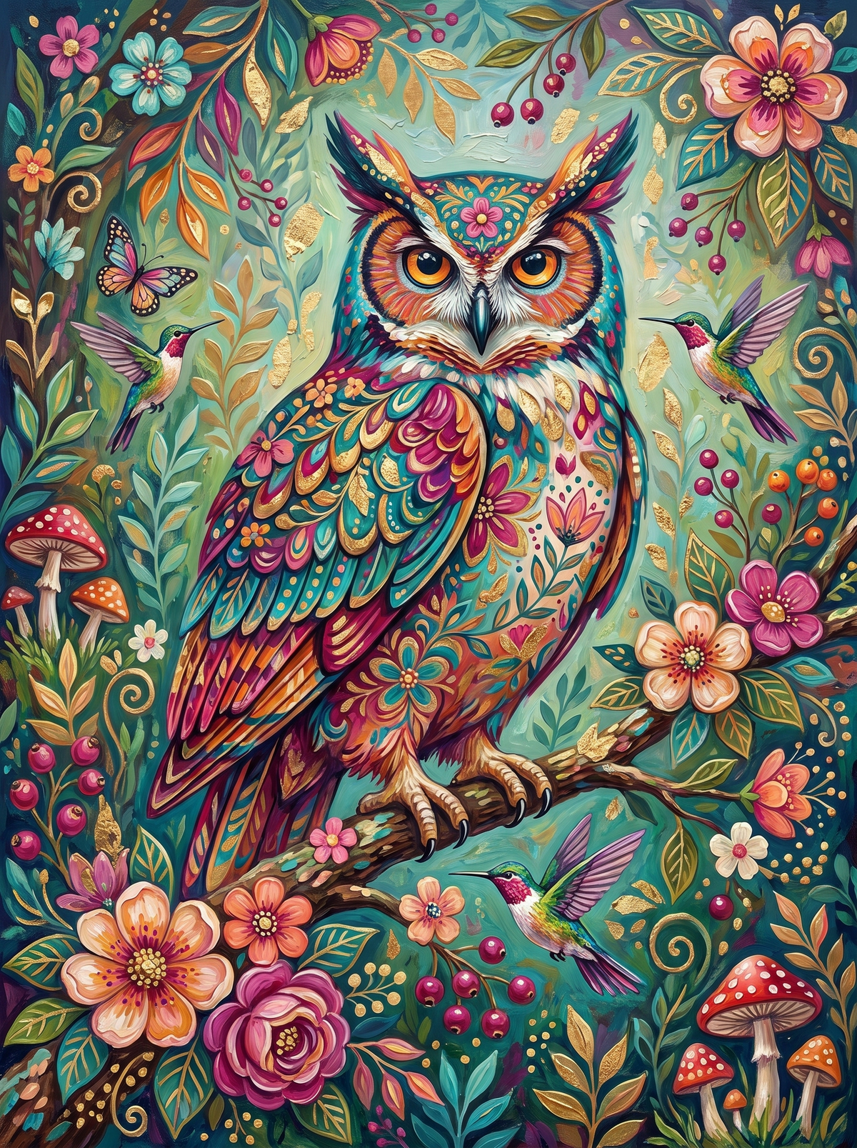Folk Art Owl In Bloom