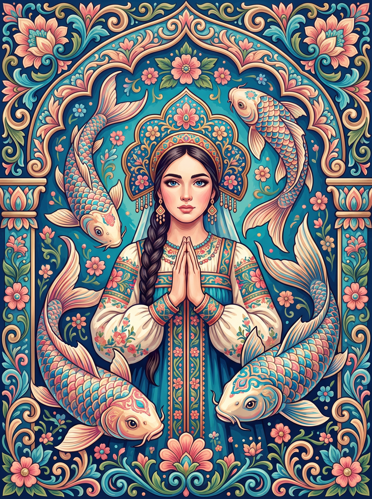 Folk Maiden With Koi Fish