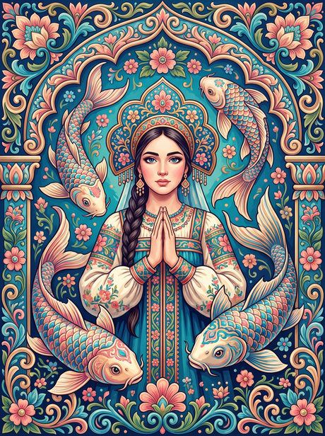 Folk Maiden With Koi Fish (150 Color Diamond Painting)
