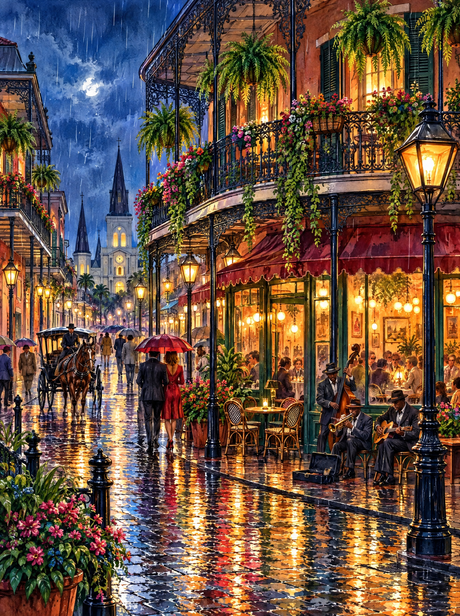 French Quarter Jazz And Rain (150 Color Diamond Painting)