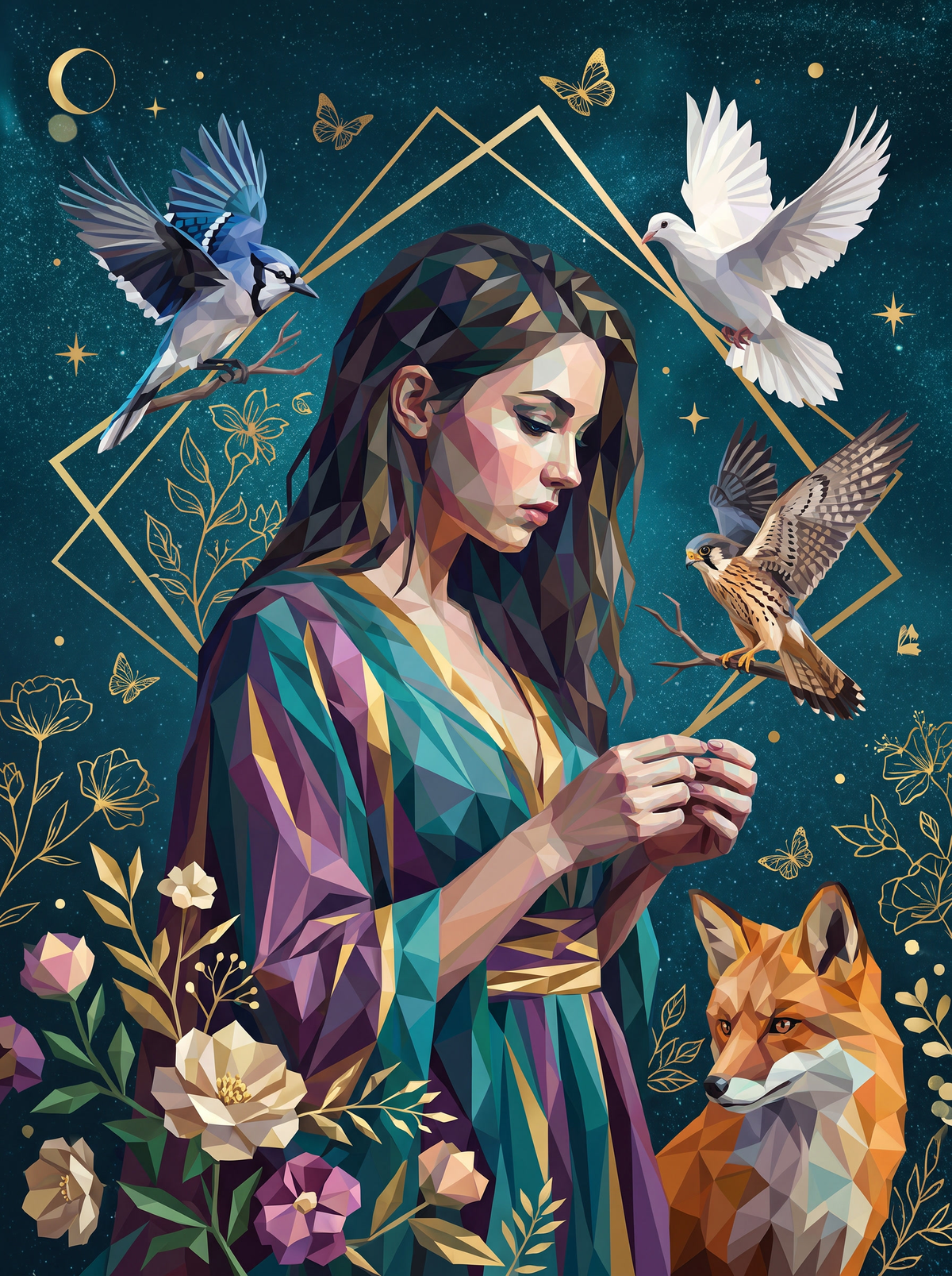 Geometric Woman With Birds