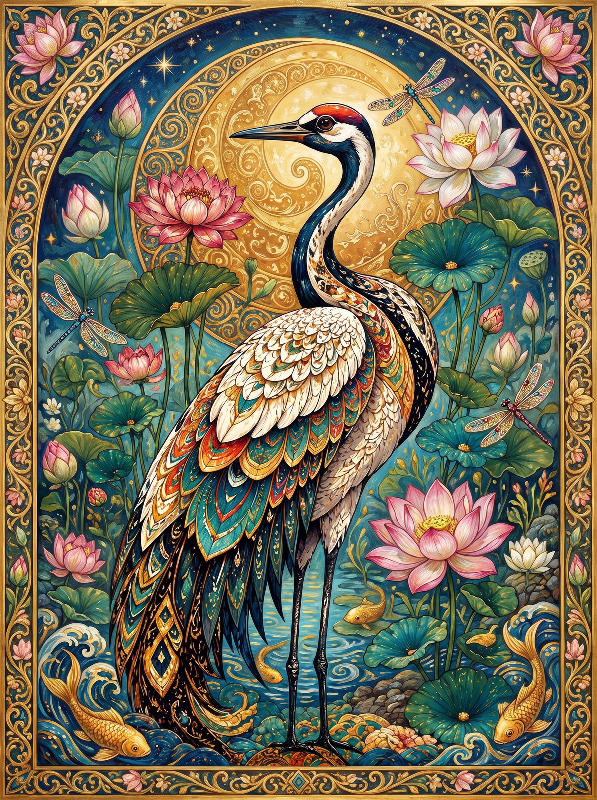 Gilded Crane With Koi