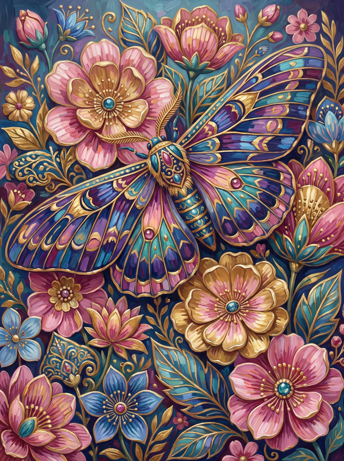 Gilded Moth On Midnight Blooms