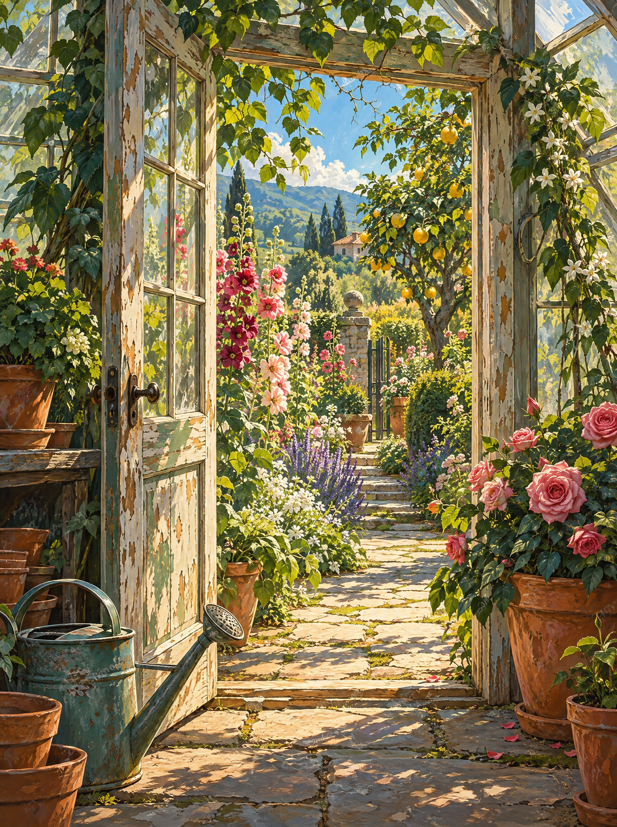 Glasshouse Door To The Hollyhocks