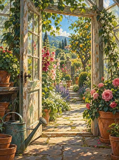 Glasshouse Door To The Hollyhocks (150 Color Diamond Painting)