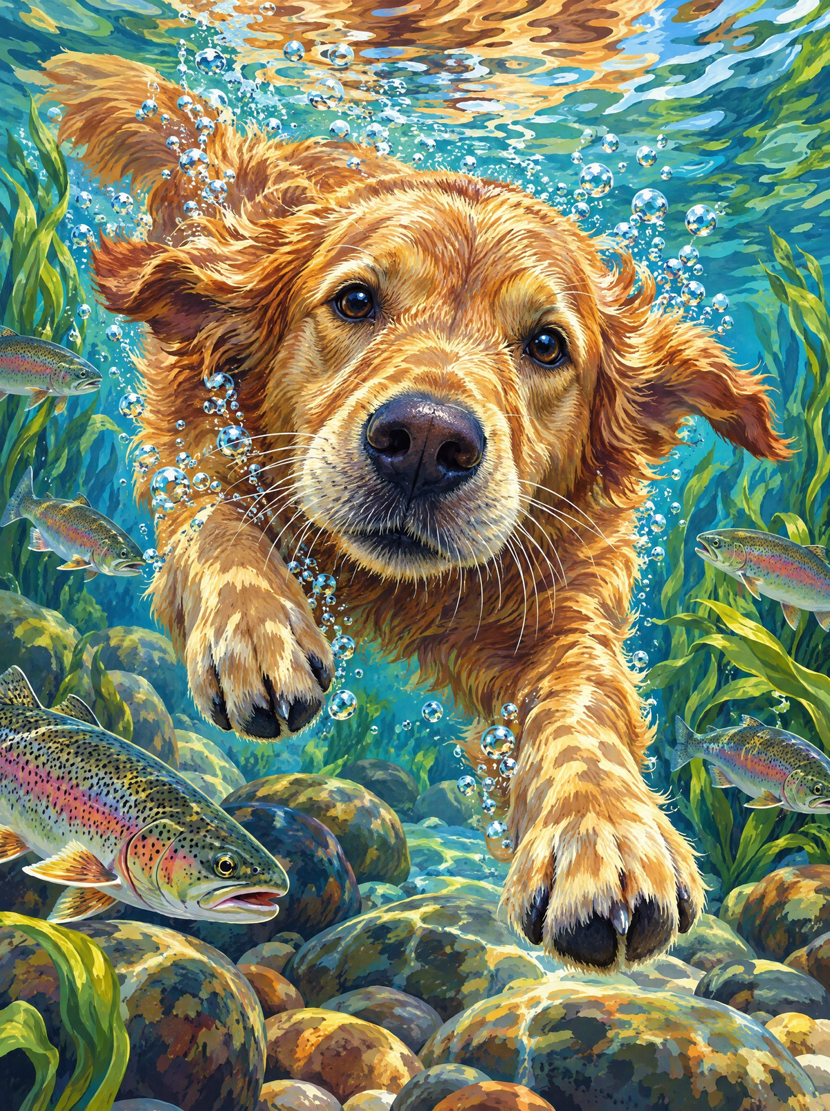 Golden Retriever Diving Underwater