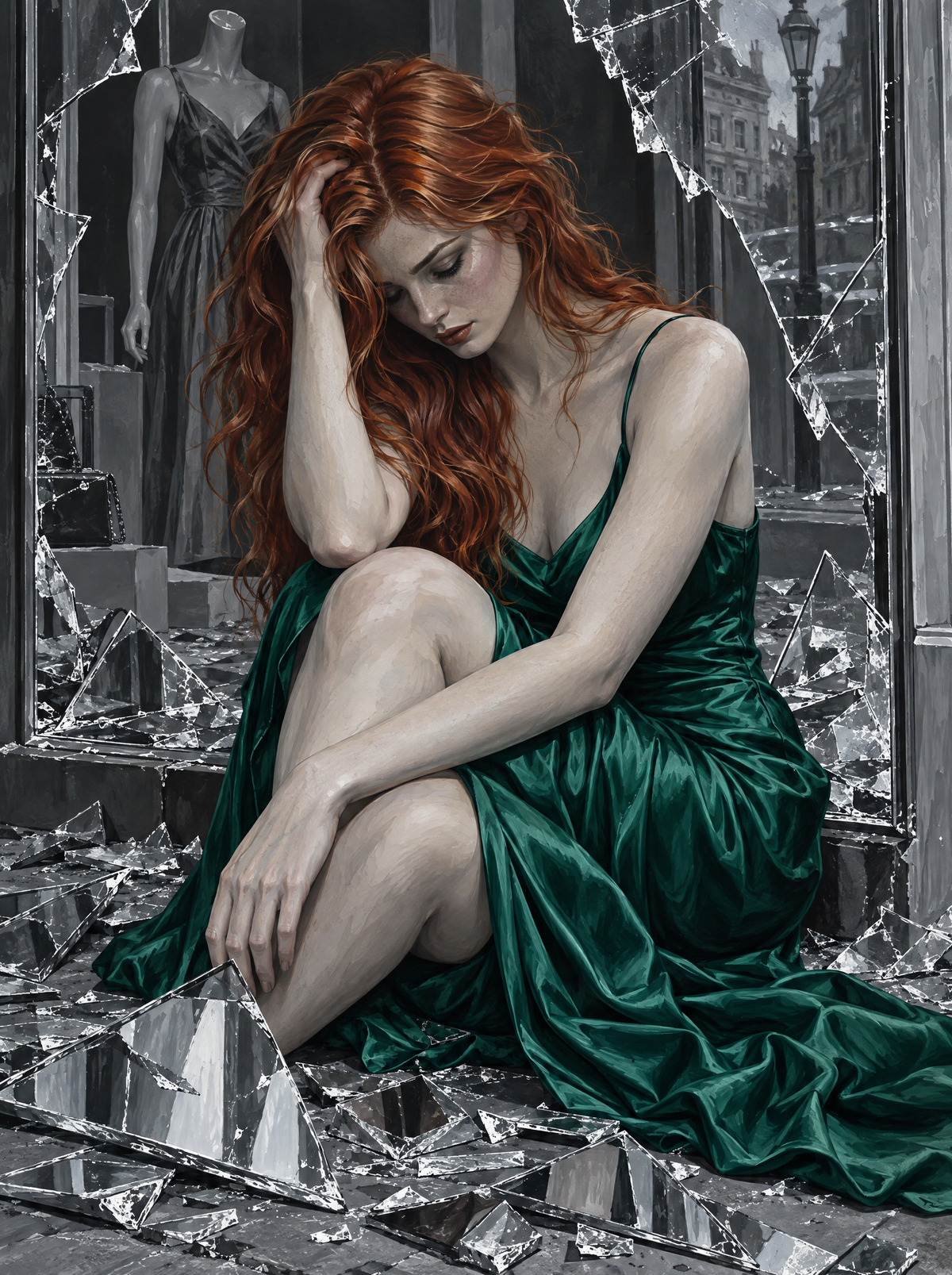 Green Dress In Broken Glass