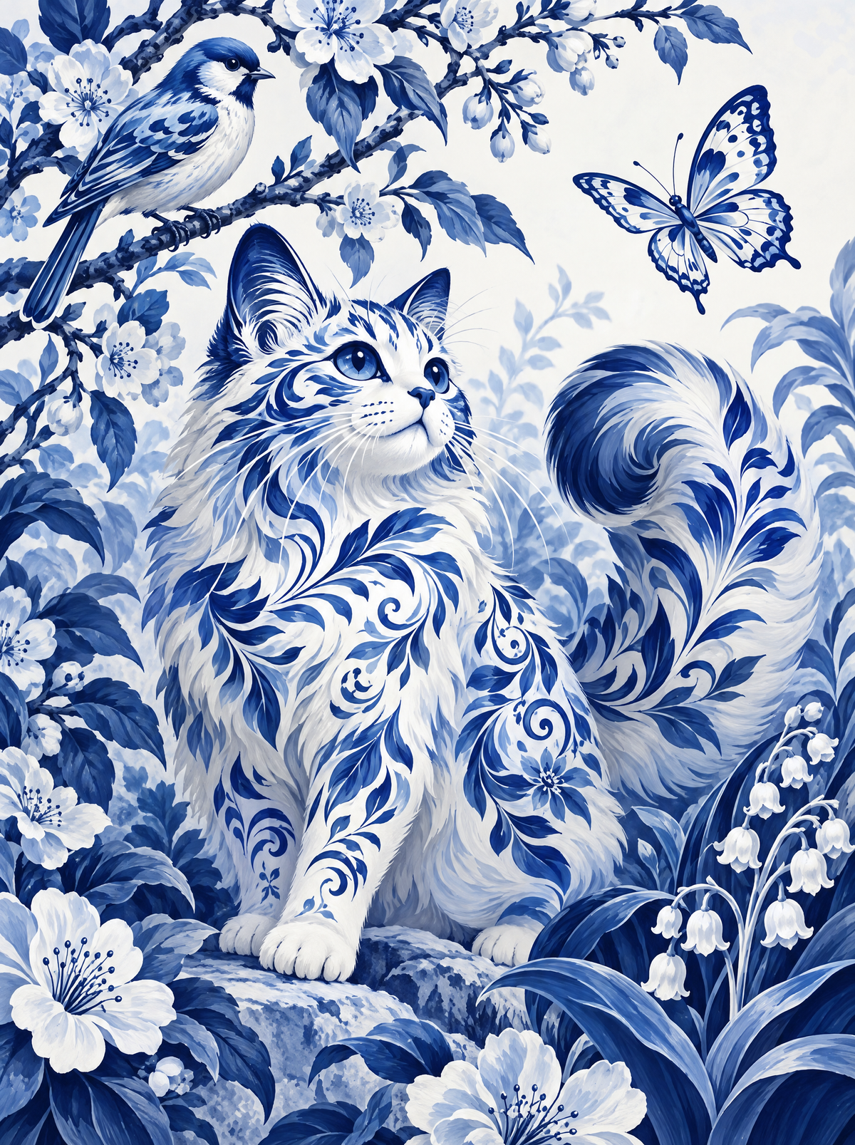 Gzhel Cat In Blossom