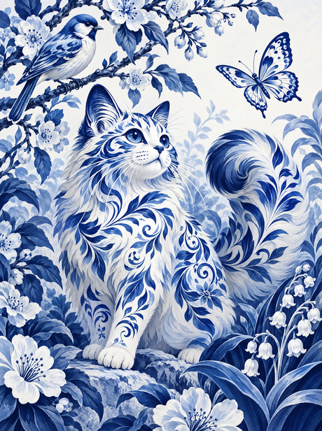 Gzhel Cat In Blossom