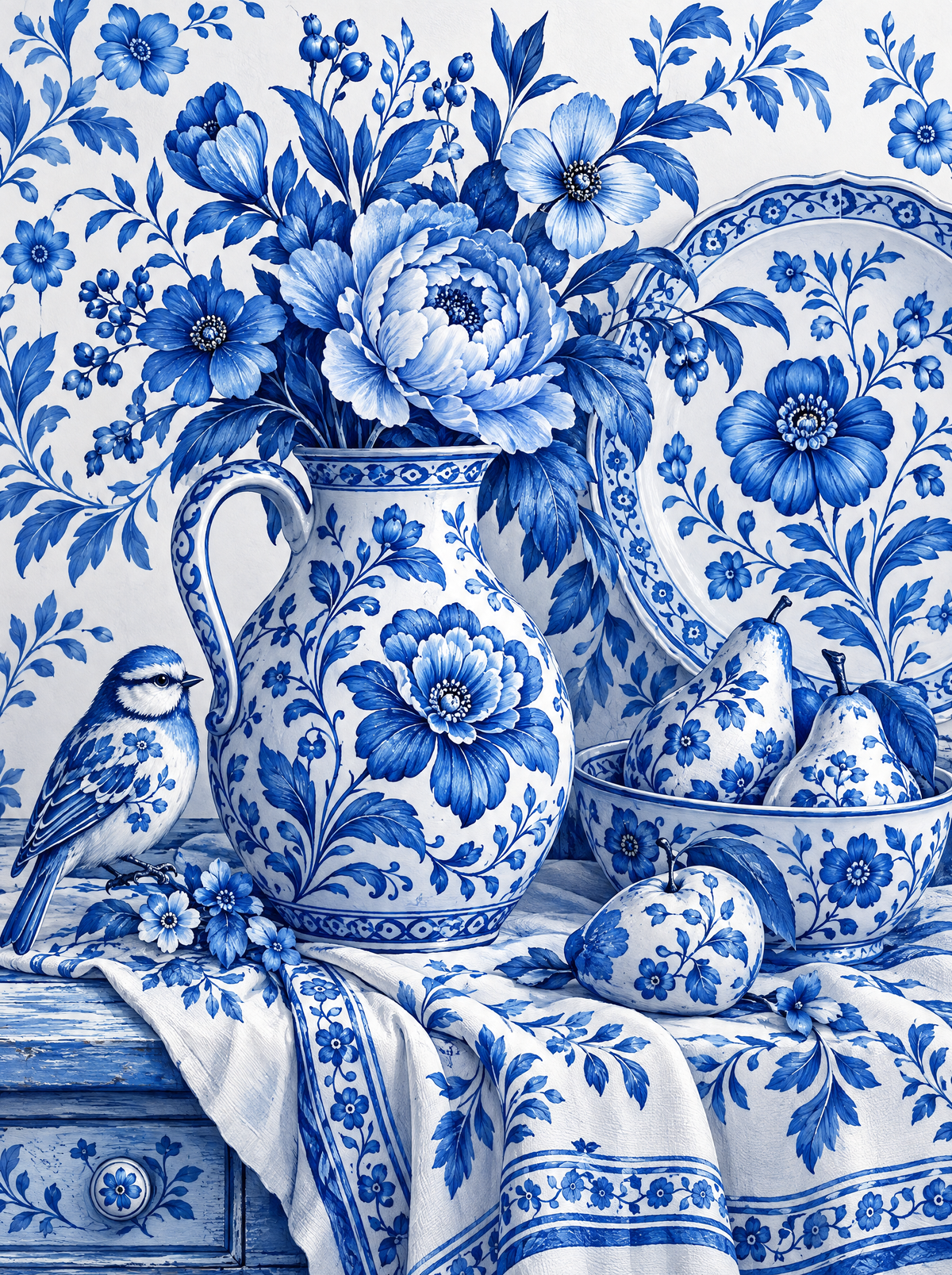 Gzhel Pitcher And Painted Pears