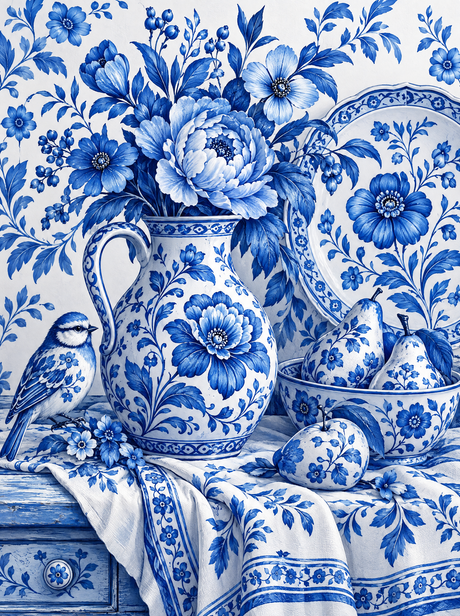 Gzhel Pitcher And Painted Pears