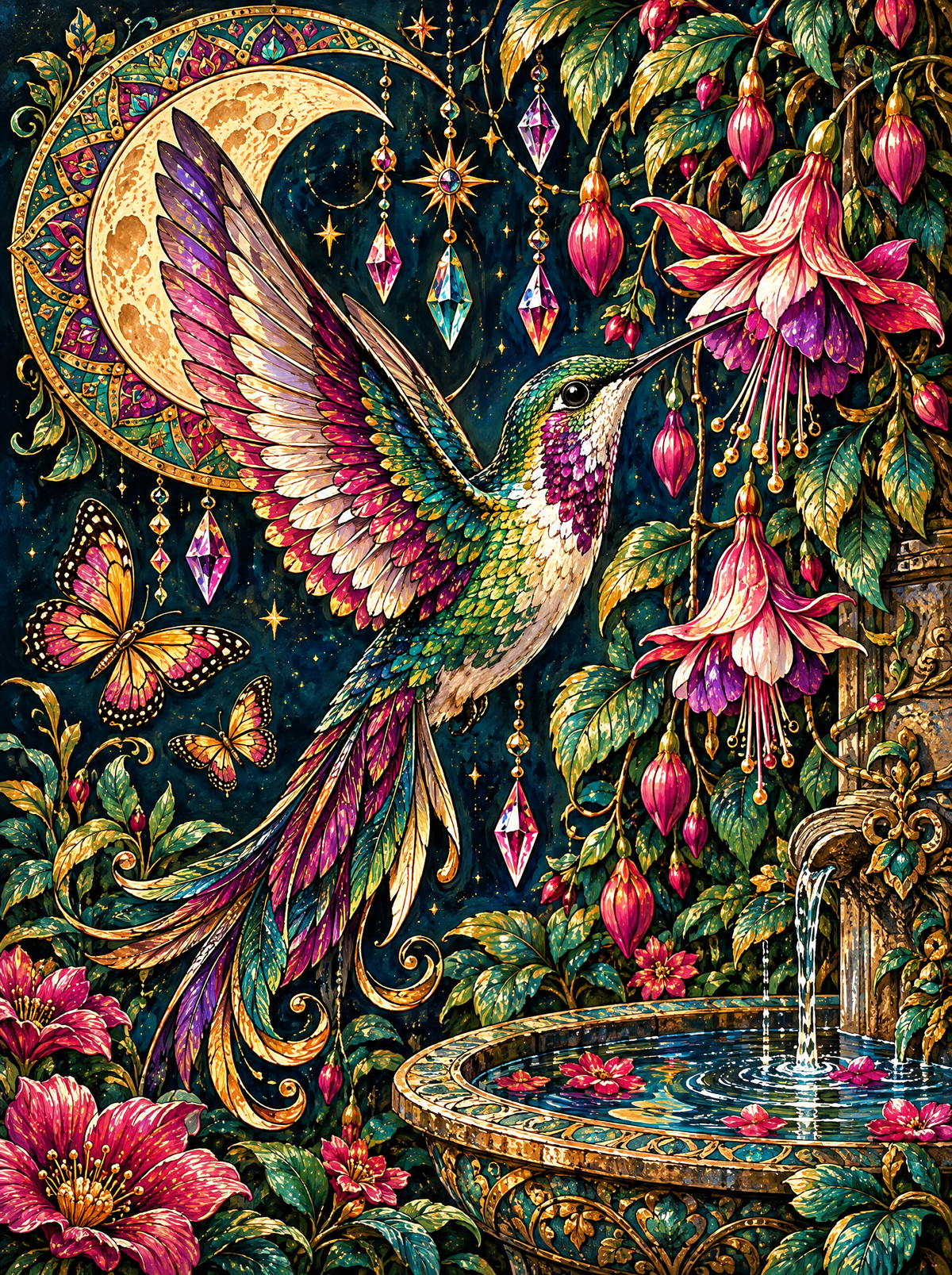 Hummingbird And Fuchsia Fountain