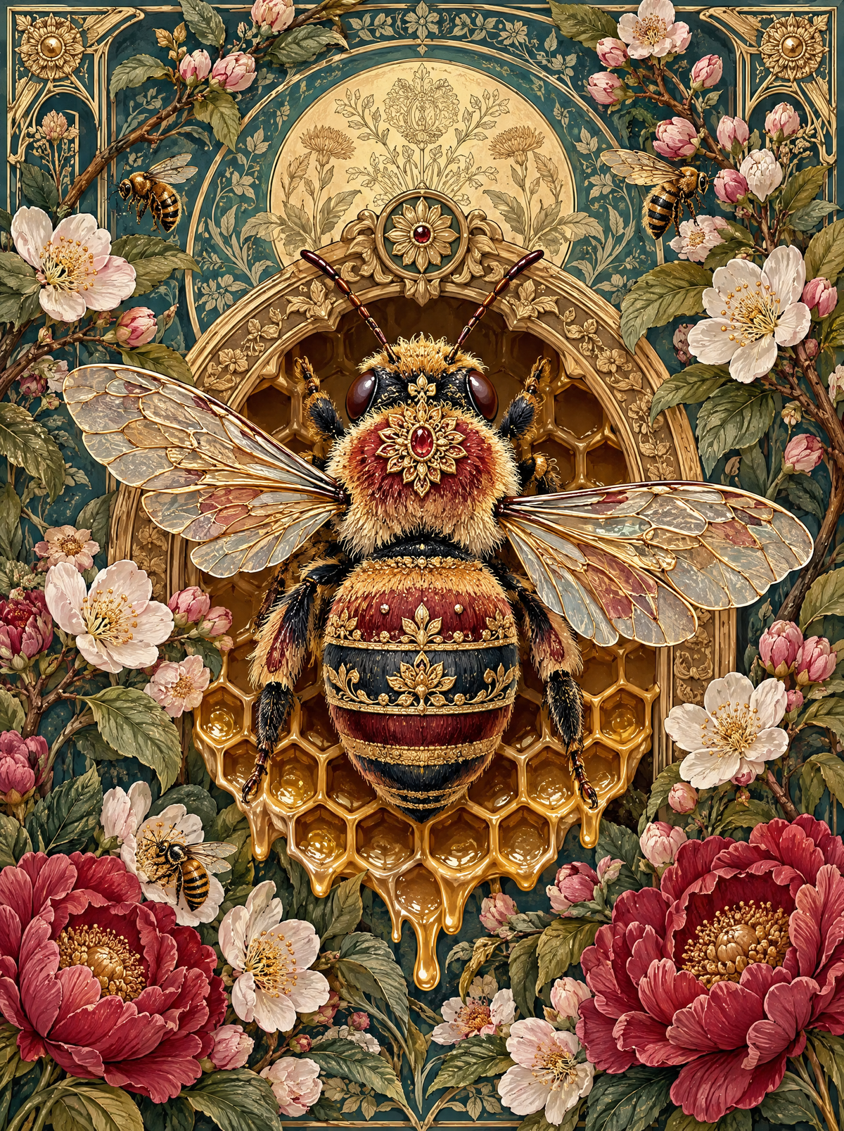 Jewelled Bee And Peonies