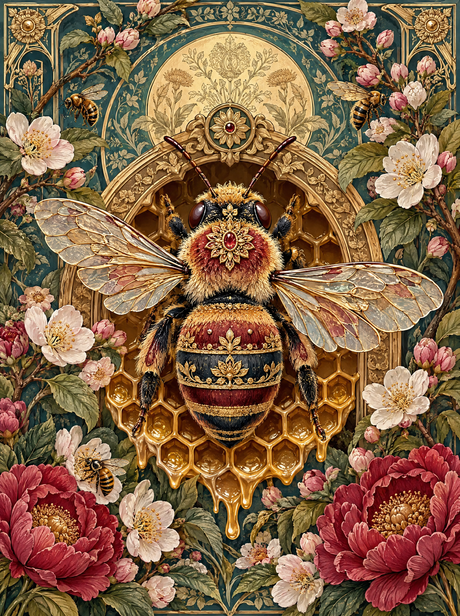 Jewelled Bee And Peonies
