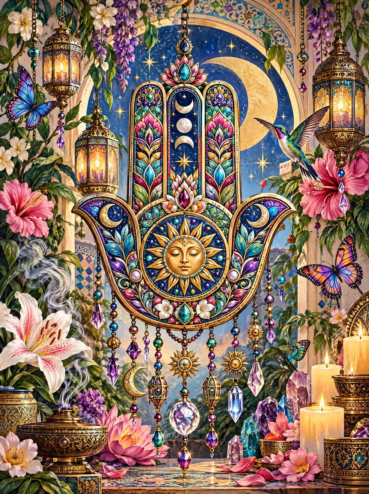 Jewelled Hamsa Sun And Moon