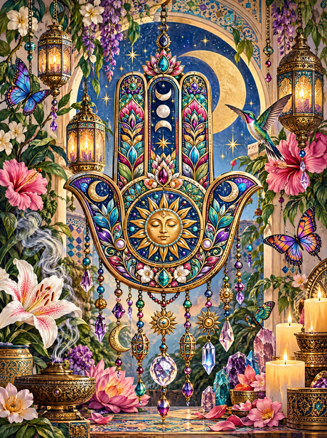 Jewelled Hamsa Sun And Moon (150 Color Diamond Painting)