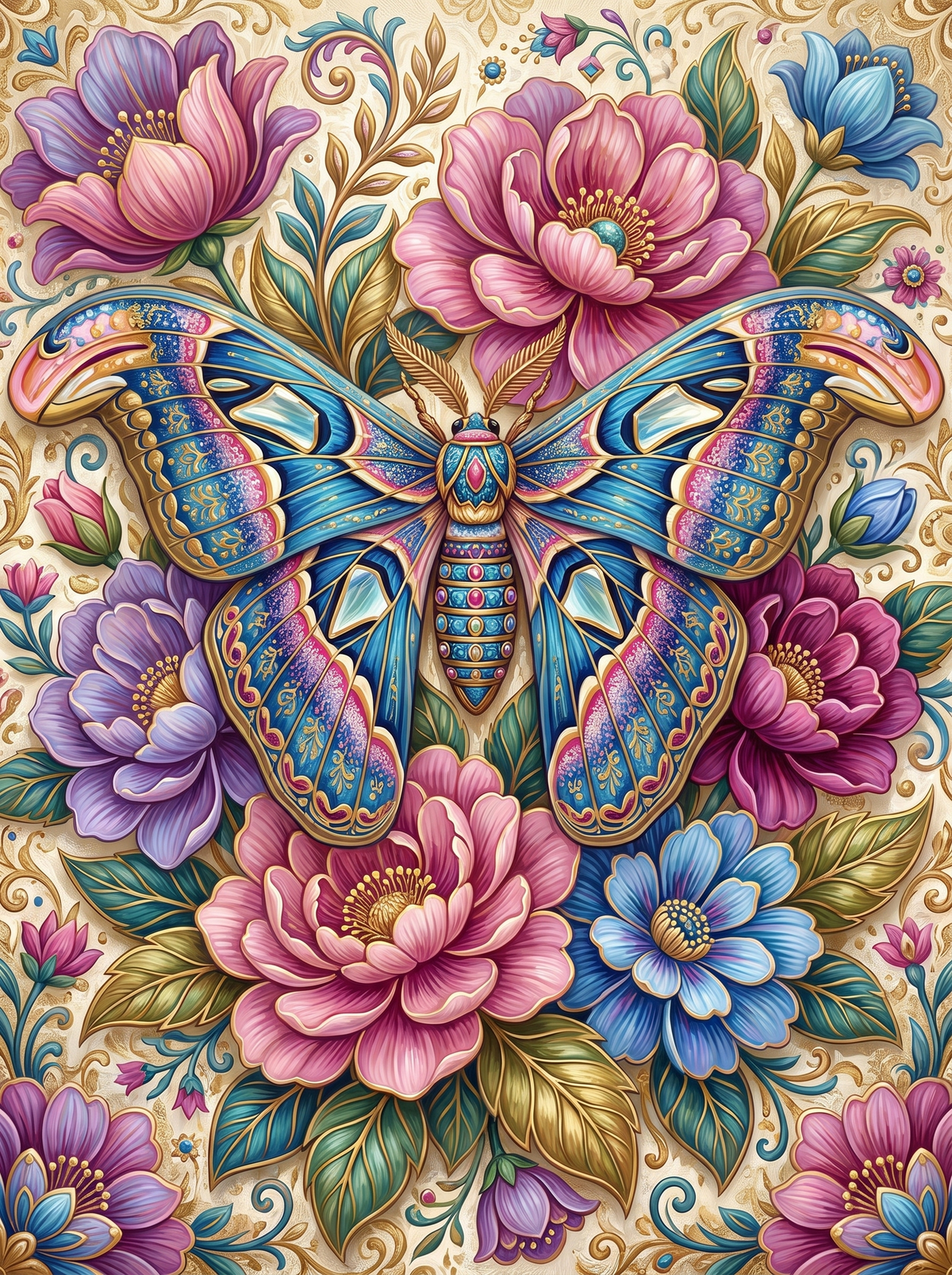 Jewelled Moth Among Peonies