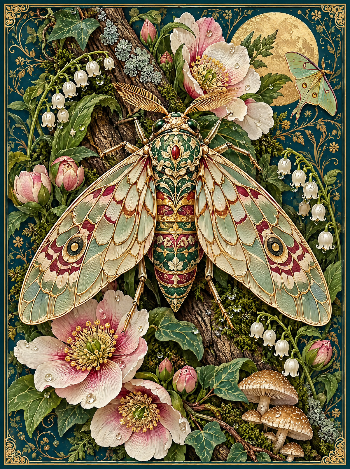 Jewelled Moth And Toadstools