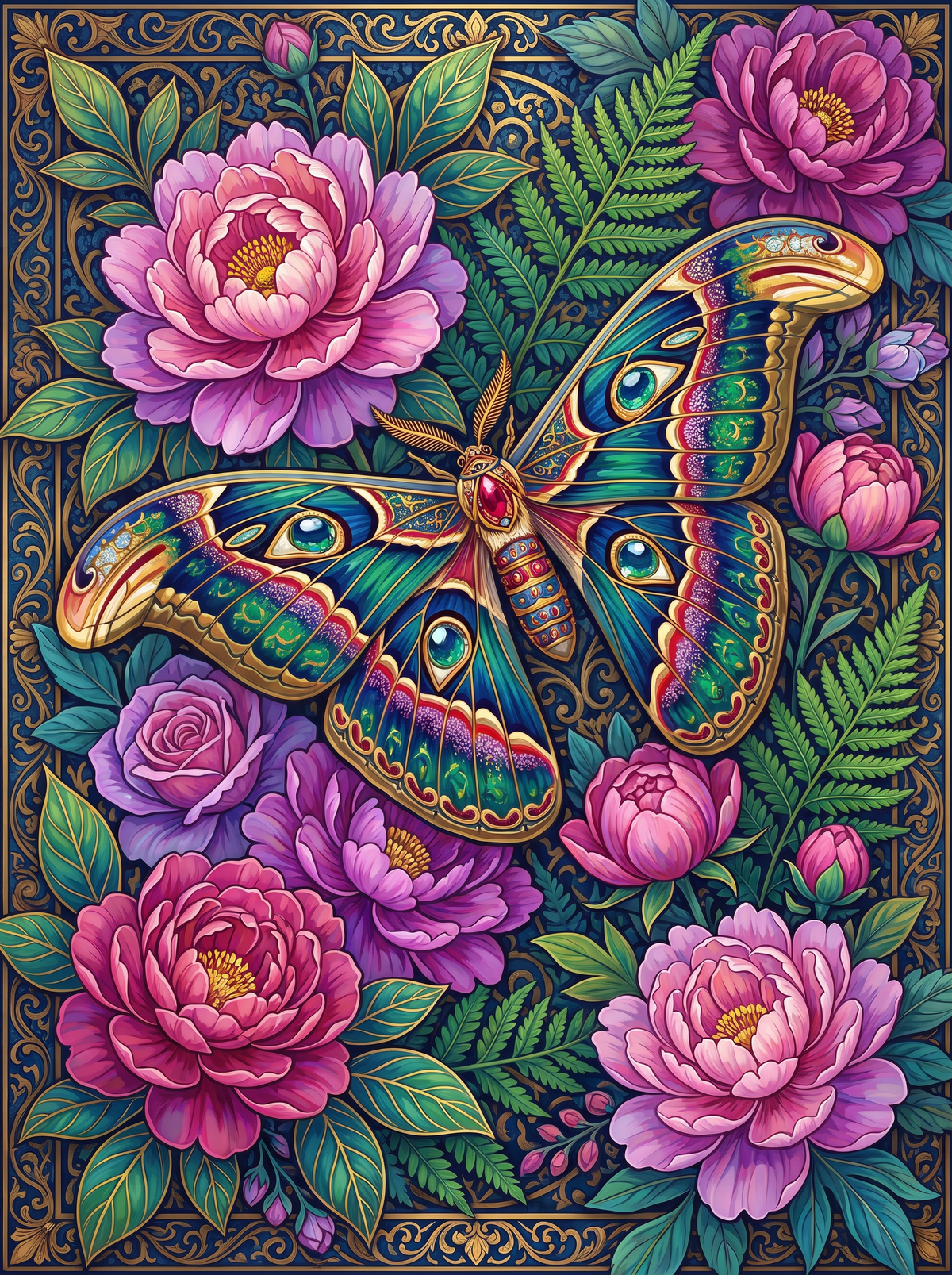 Jewelled Moth On Peonies