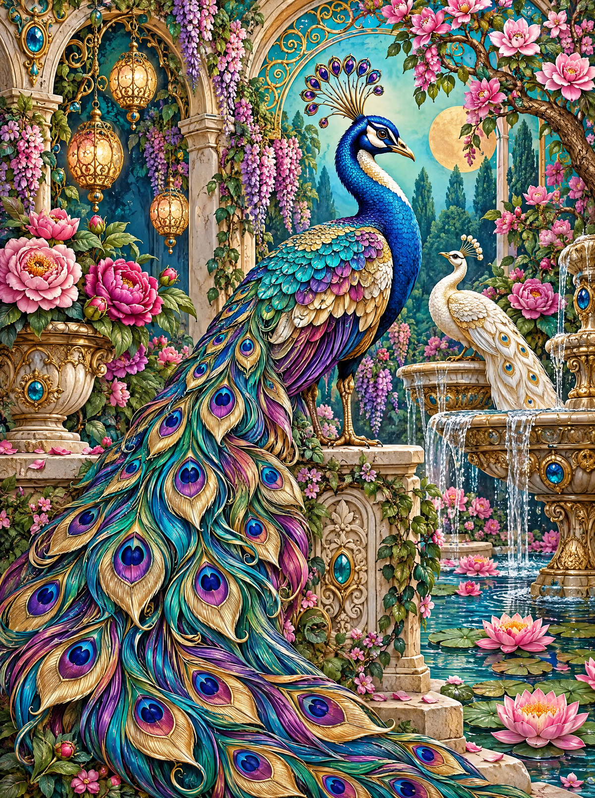 Jewelled Peacock Fountain Garden