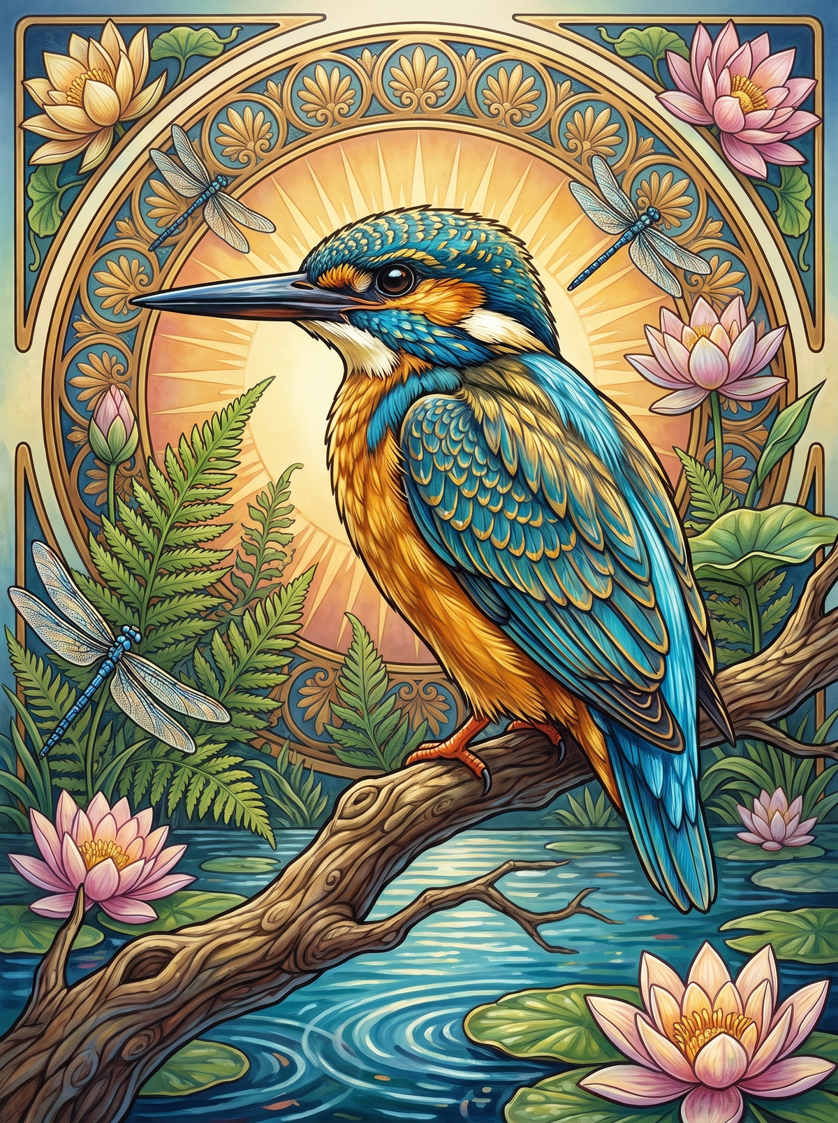 Kingfisher Over Waterlilies
