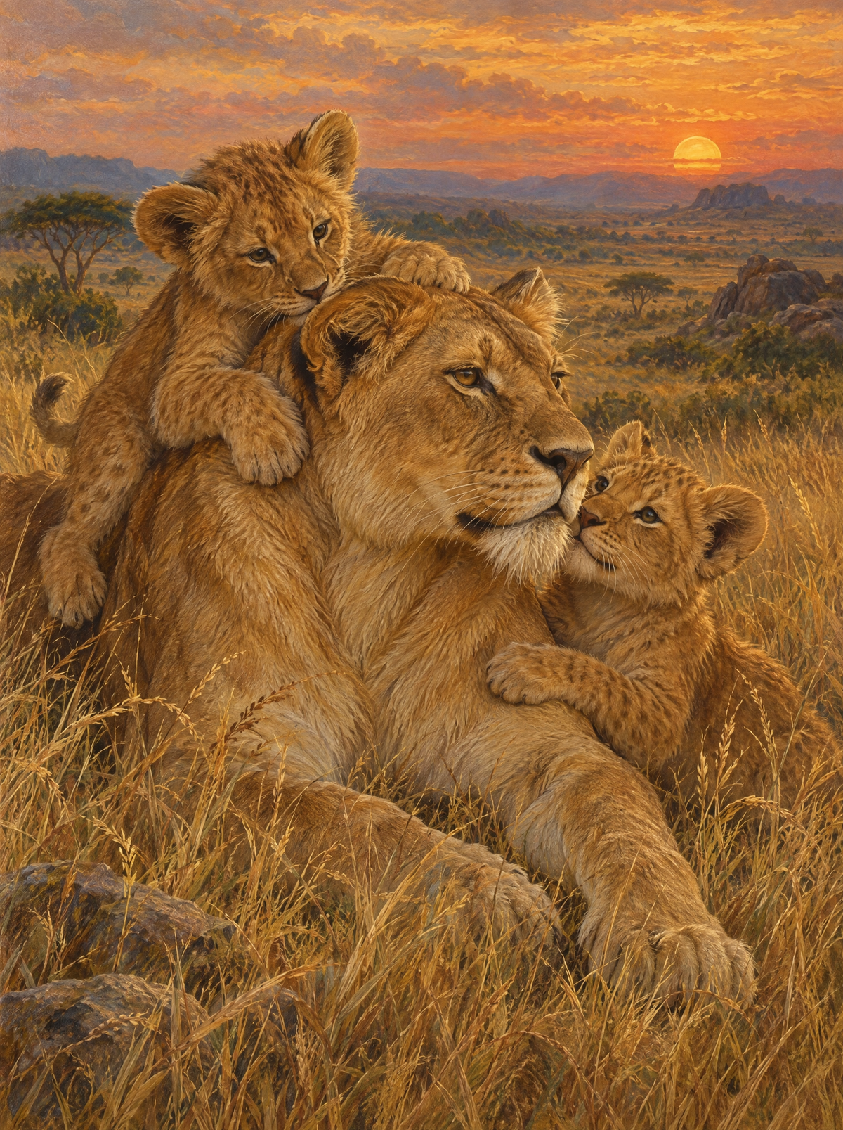 Lioness And Cubs At Dusk
