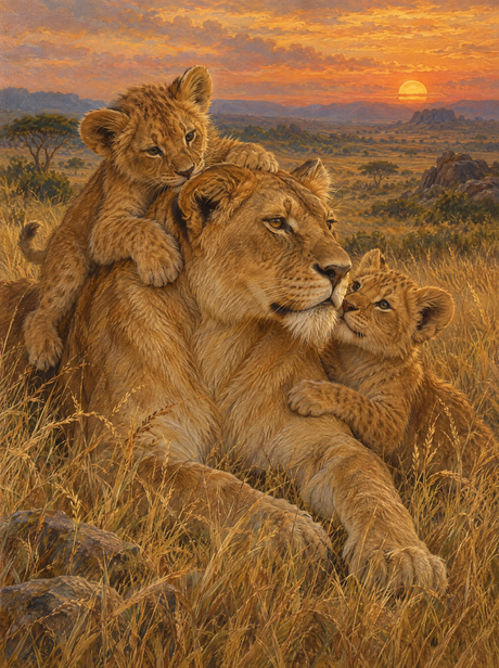 Lioness And Cubs At Dusk