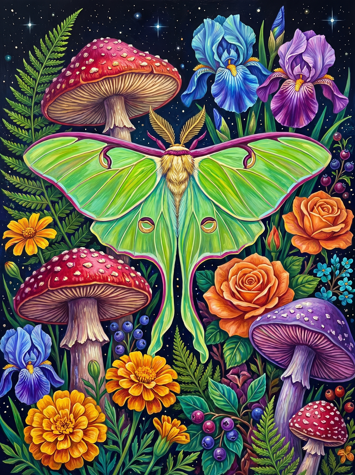 Luna Moth And Mushrooms
