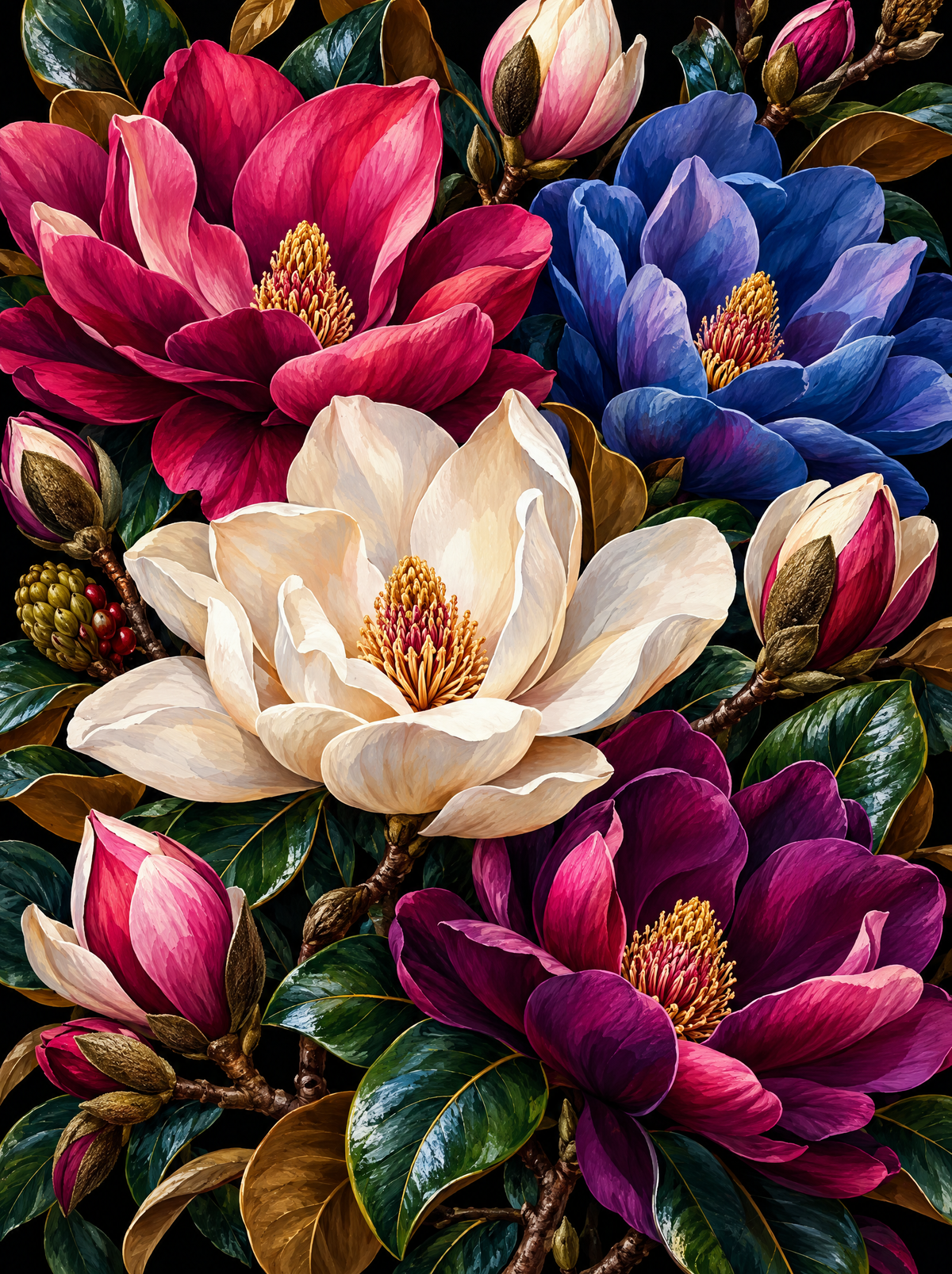 Magnolia In Cream And Plum