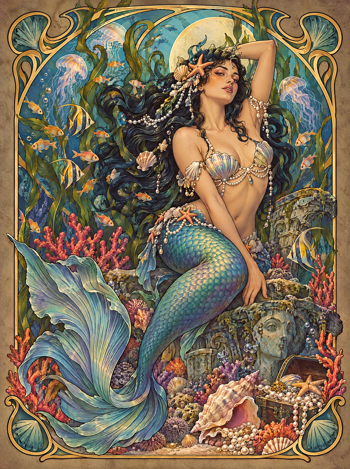 Mermaid Among Pearls And Coral