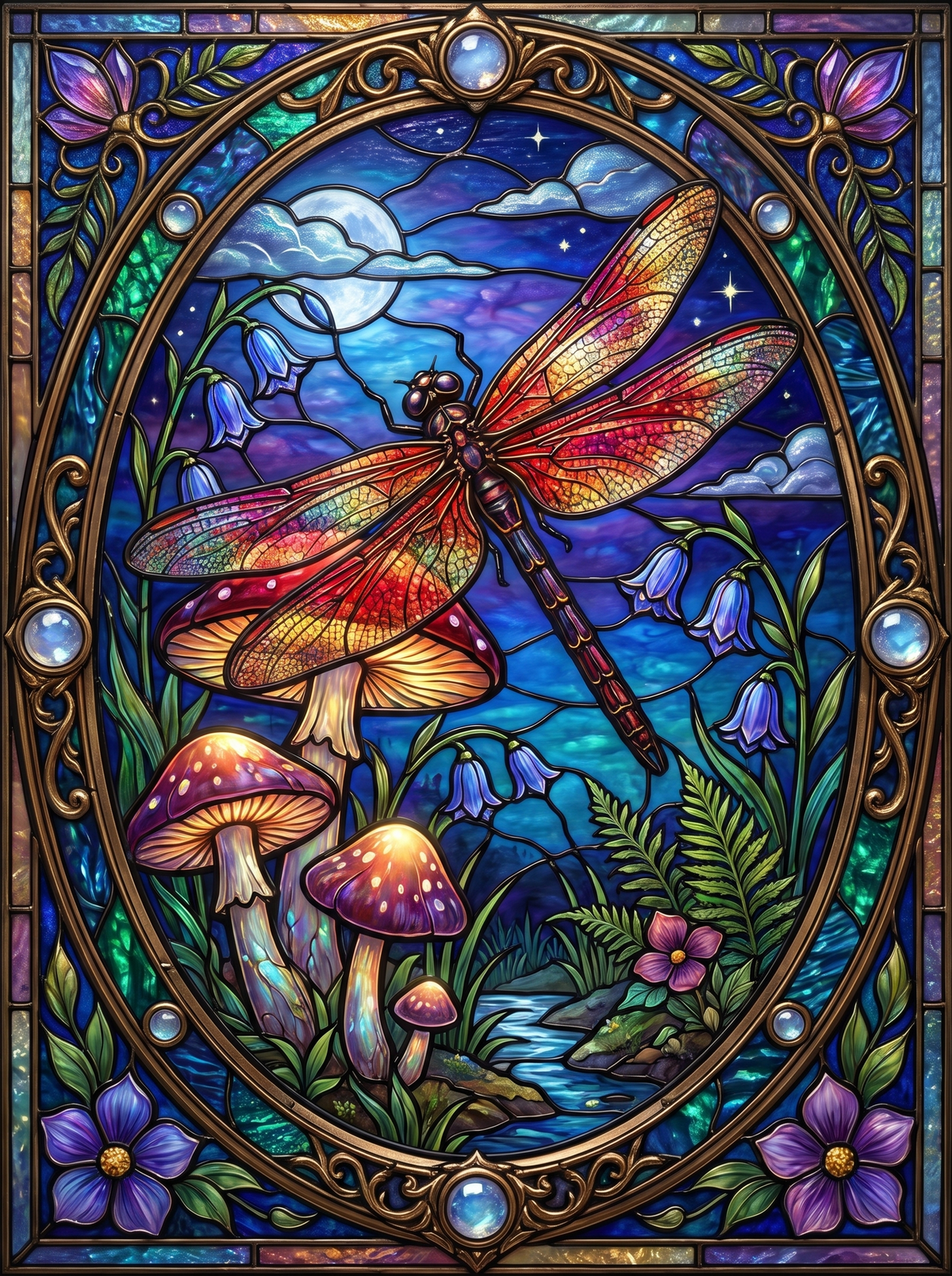 Moonlit Dragonfly And Mushrooms