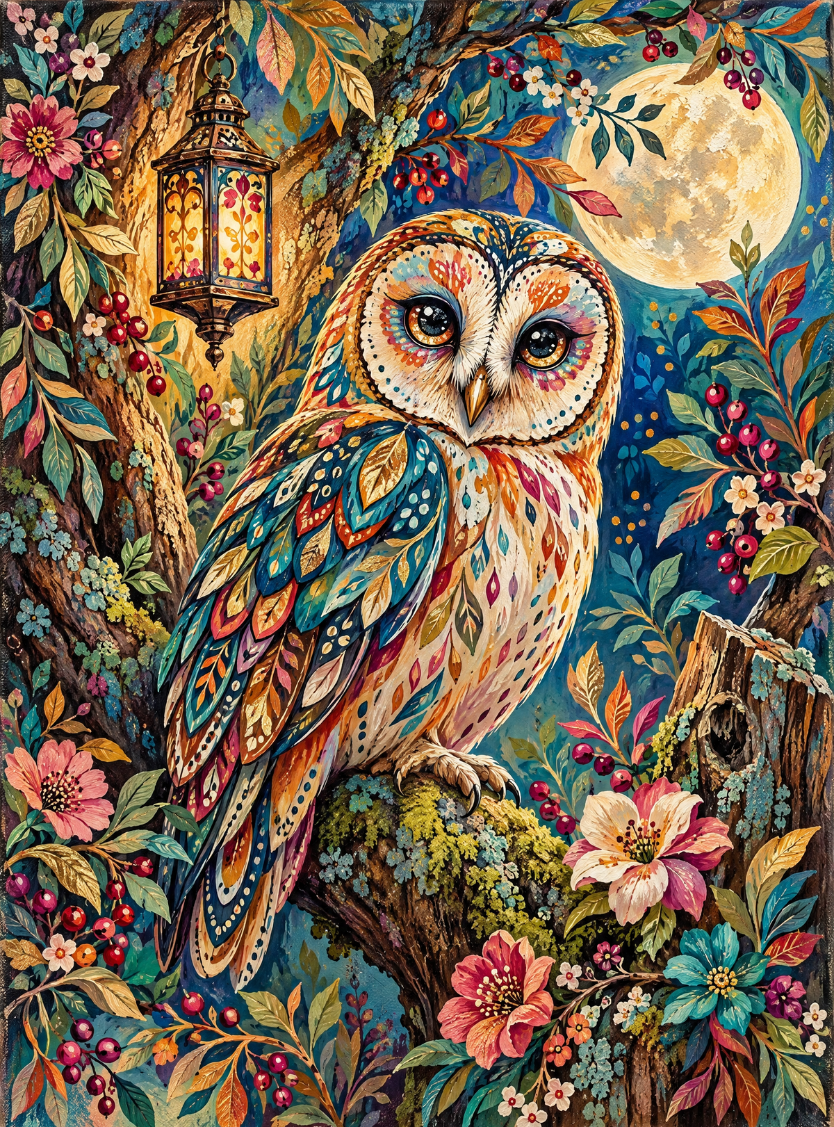 Moonlit Folk Art Owl