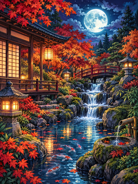 Harvest Moon Koi Waterfall (150 Color Diamond Painting)