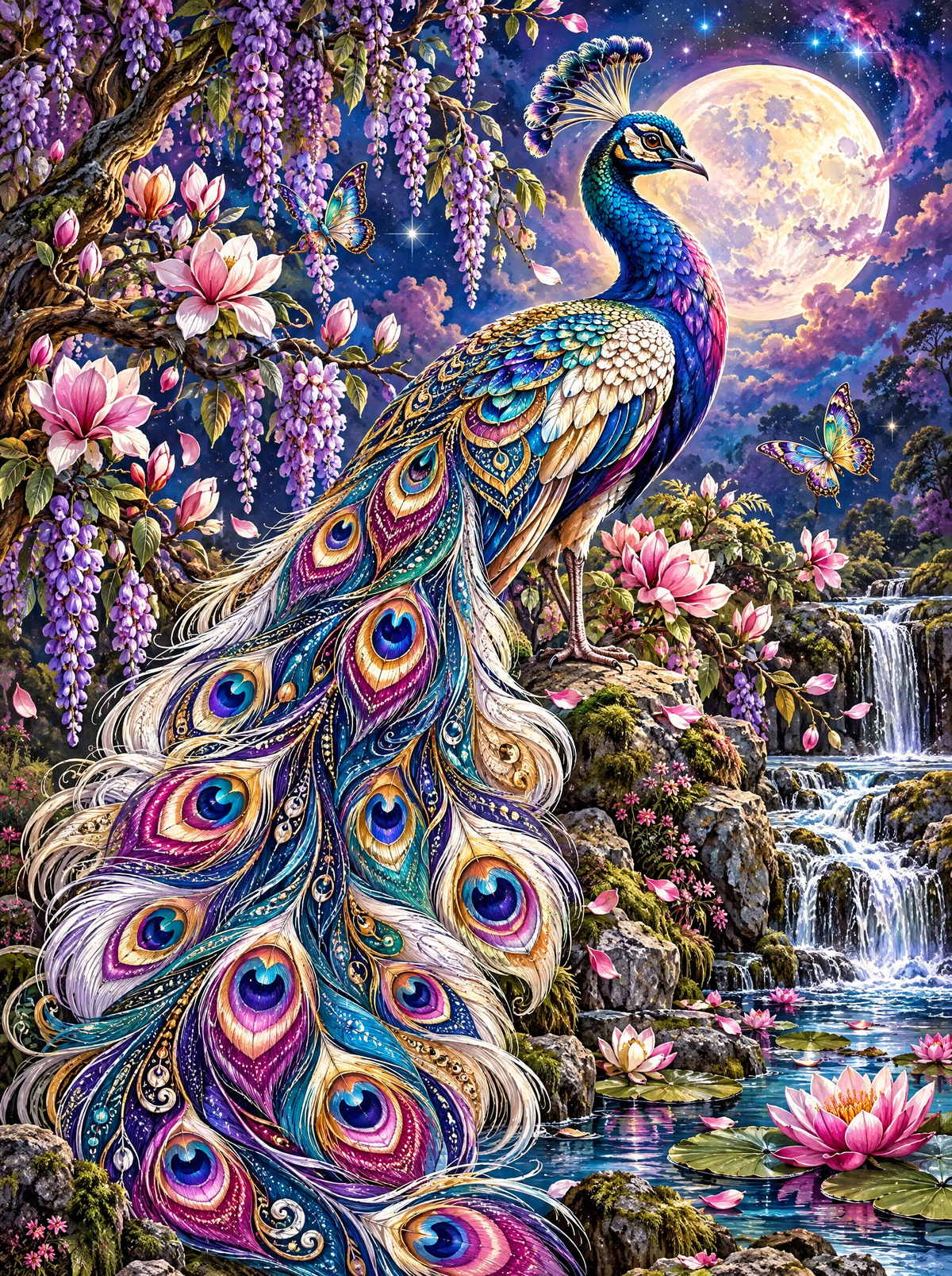 Moonlit Peacock And Wisteria