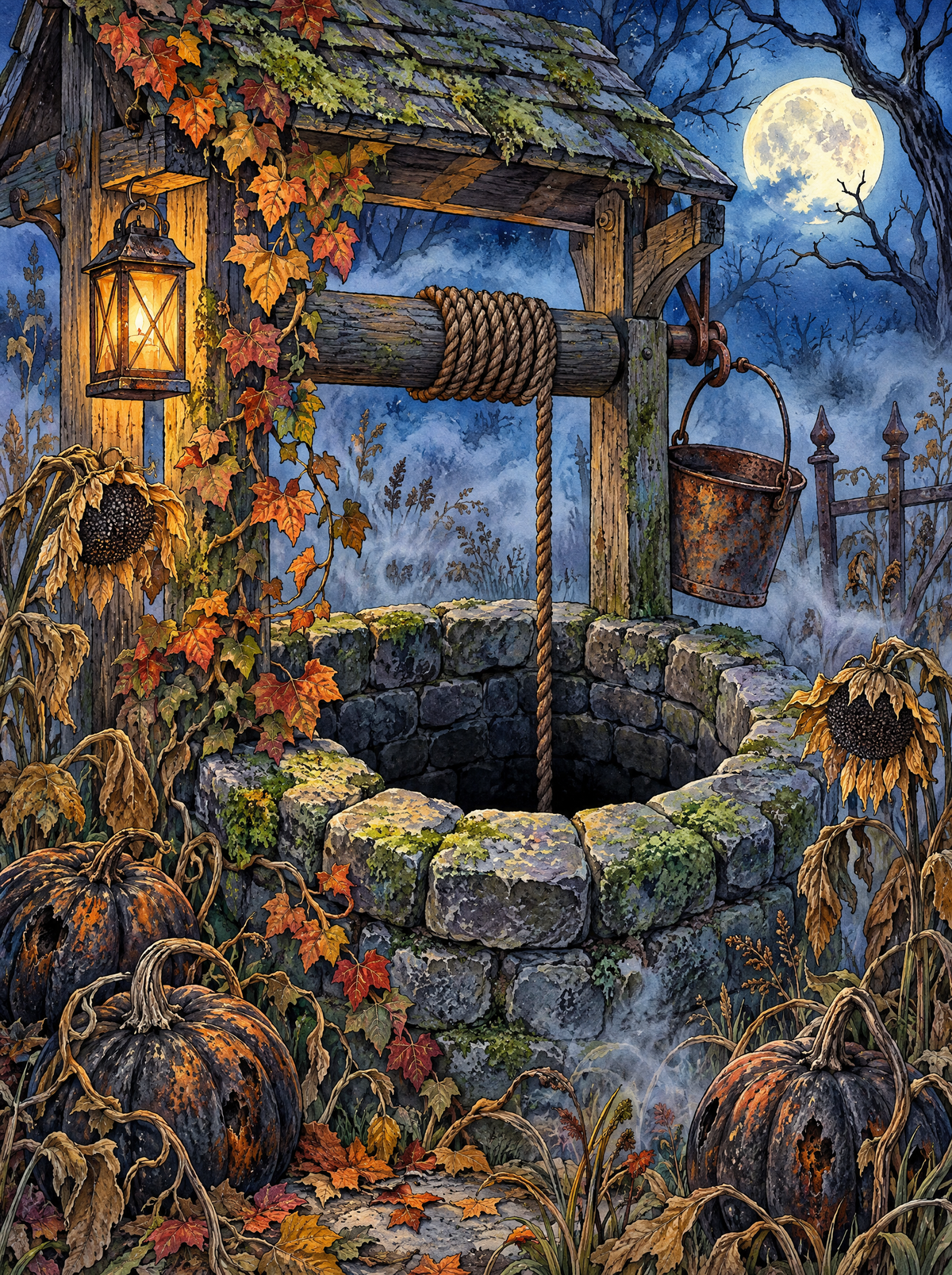 Moonlit Well And Black Pumpkins