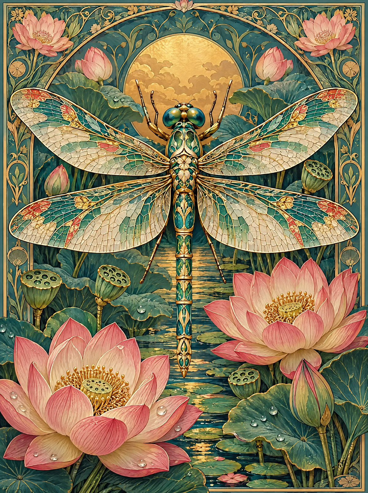 Nouveau Dragonfly Over Lotus