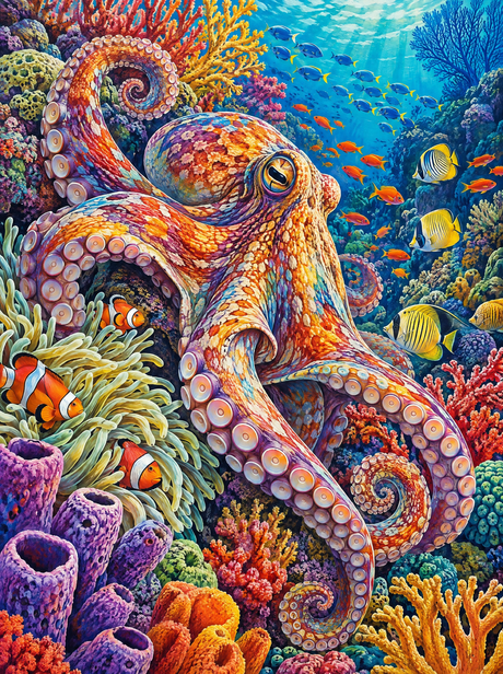 Octopus Over Technicolour Coral (150 Color Diamond Painting)