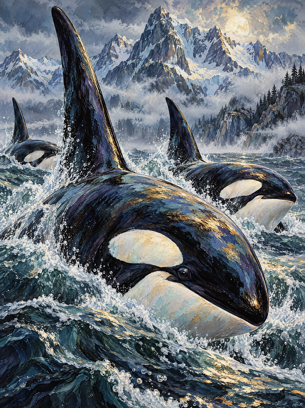 Orca Pod Moonlit Fjord