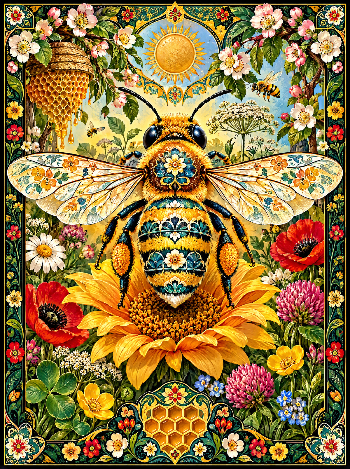 Ornate Honeybee On Sunflower