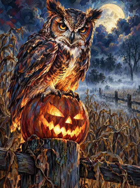 Owl And Carved Pumpkin