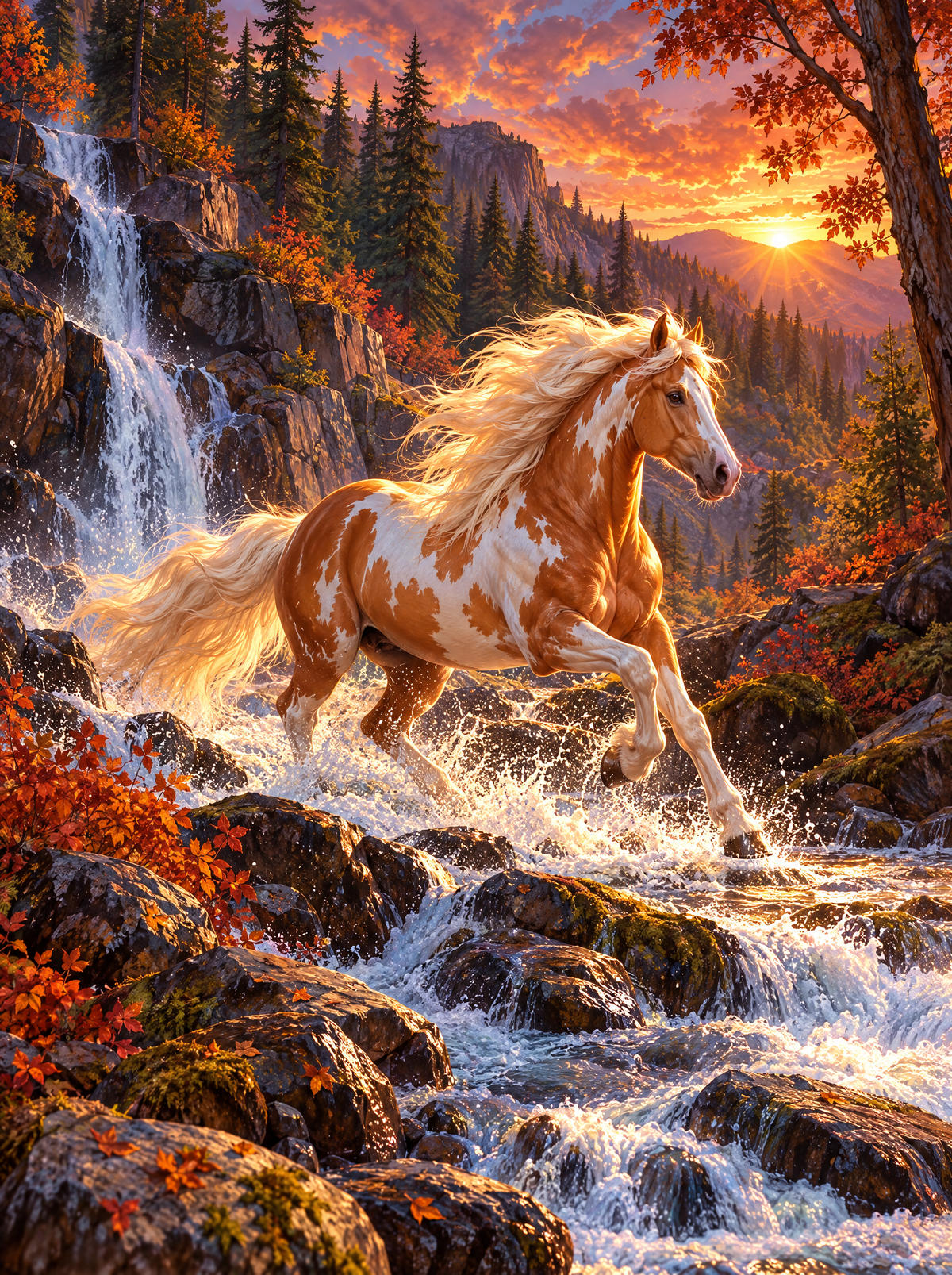 Paint Horse Crossing The Rapids