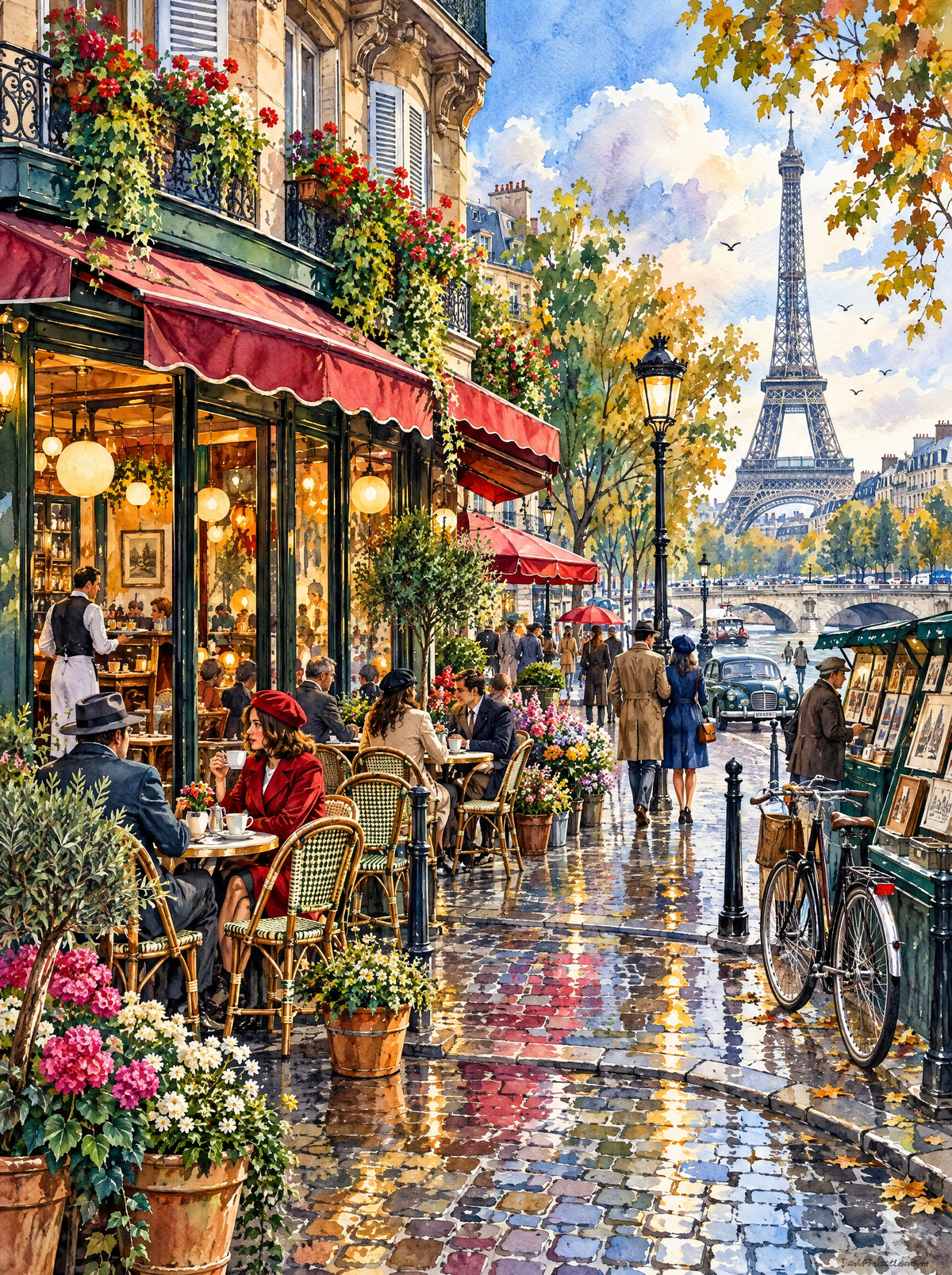 Paris Cafe In Autumn Rain